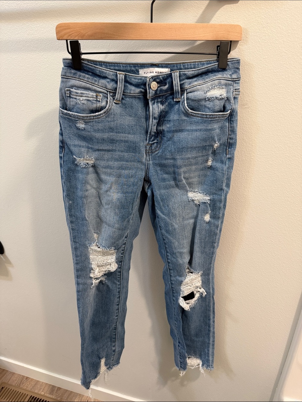 Flying Monkey Distressed Light Wash Cropped Jeans